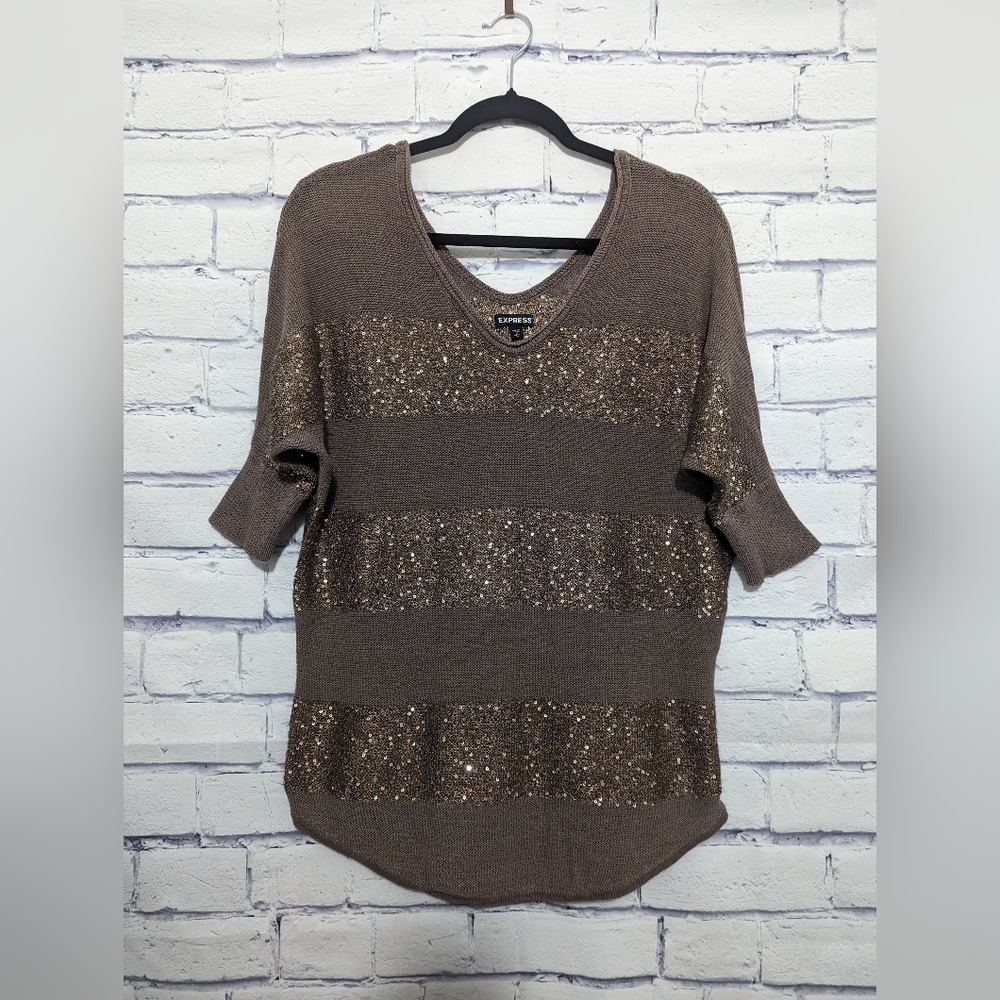Express Sweater Brown V Neck Front and Back with Sequins Women's Size Medium
